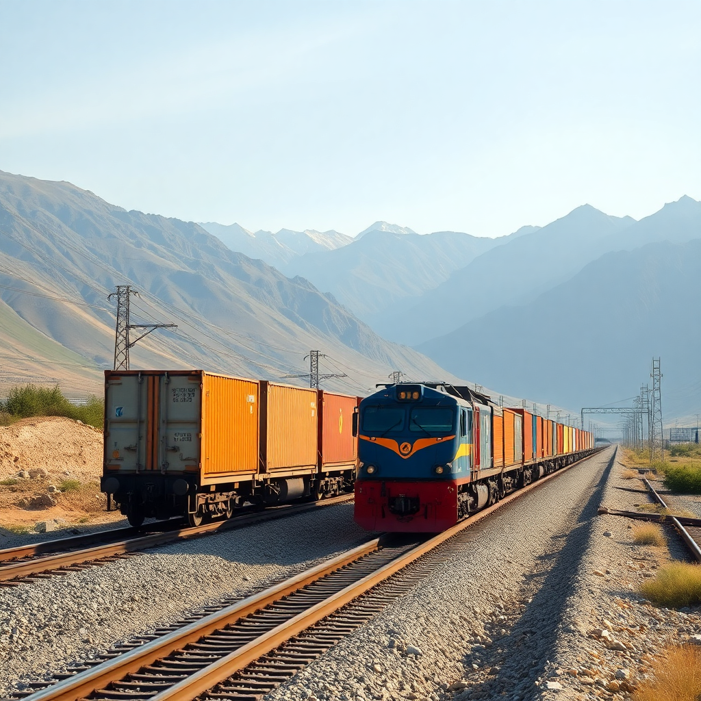 modern freight train on Silk Road railway with cargo containers, mountains in background, professional photography