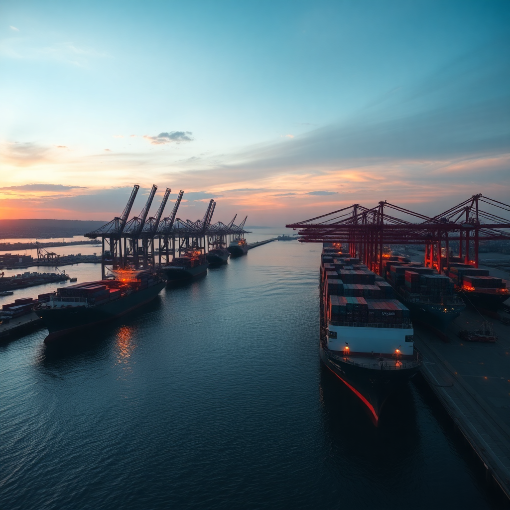 modern container port with cargo ships and cranes at sunset, cinematic lighting, dramatic atmosphere, high-end photography, ultra HD, aerial view