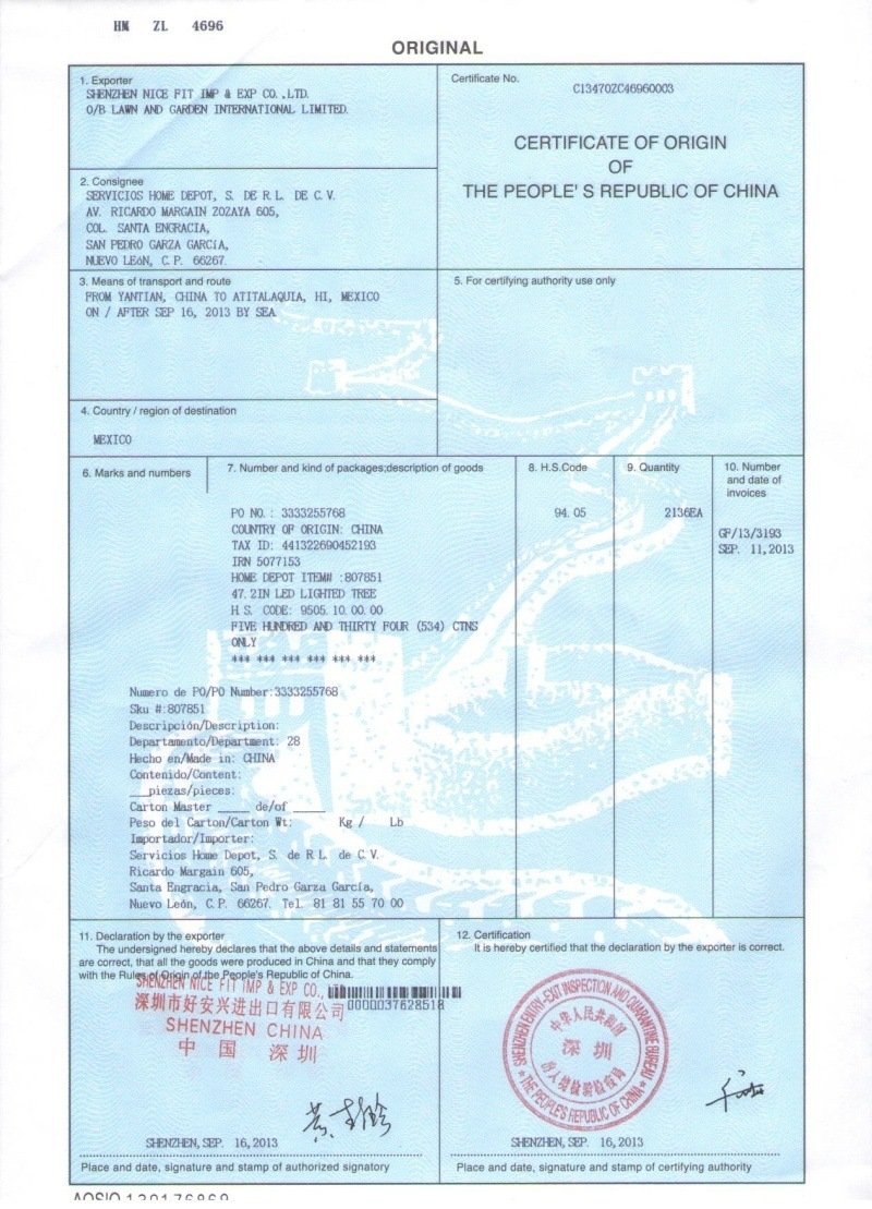 Certificate of Origin of China