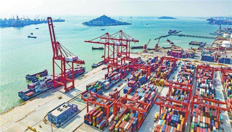 Aerial view of Qianhai’s logistics hub with key features highlighted (ports, warehouses, transportation networks).
