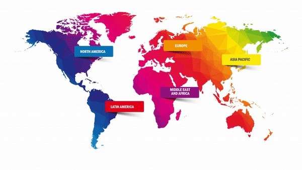 World map highlighting key markets such as Asia, Latin America, and Eastern Europe. 