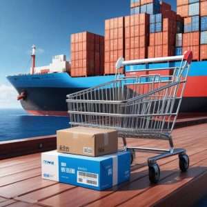 BLOG 5 Split-screen thumbnail showing an e-commerce store interface on one side and a package labeled 'China' on a cargo ship, with icons of a shopping cart, globe, and shipping box.
