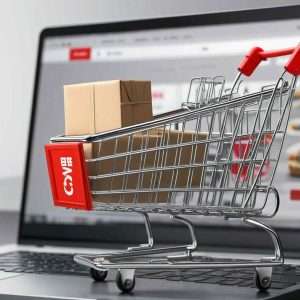 BLOG 9 Close-up of a computer screen displaying a shopping cart icon with a small package labeled 'Made in China' next to it, symbolizing online purchasing and dropshipping with Chinese products.