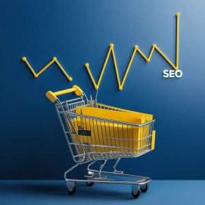 BLOG 7 Minimalist design with an upward-trending graph and a shopping cart icon on a deep blue background.