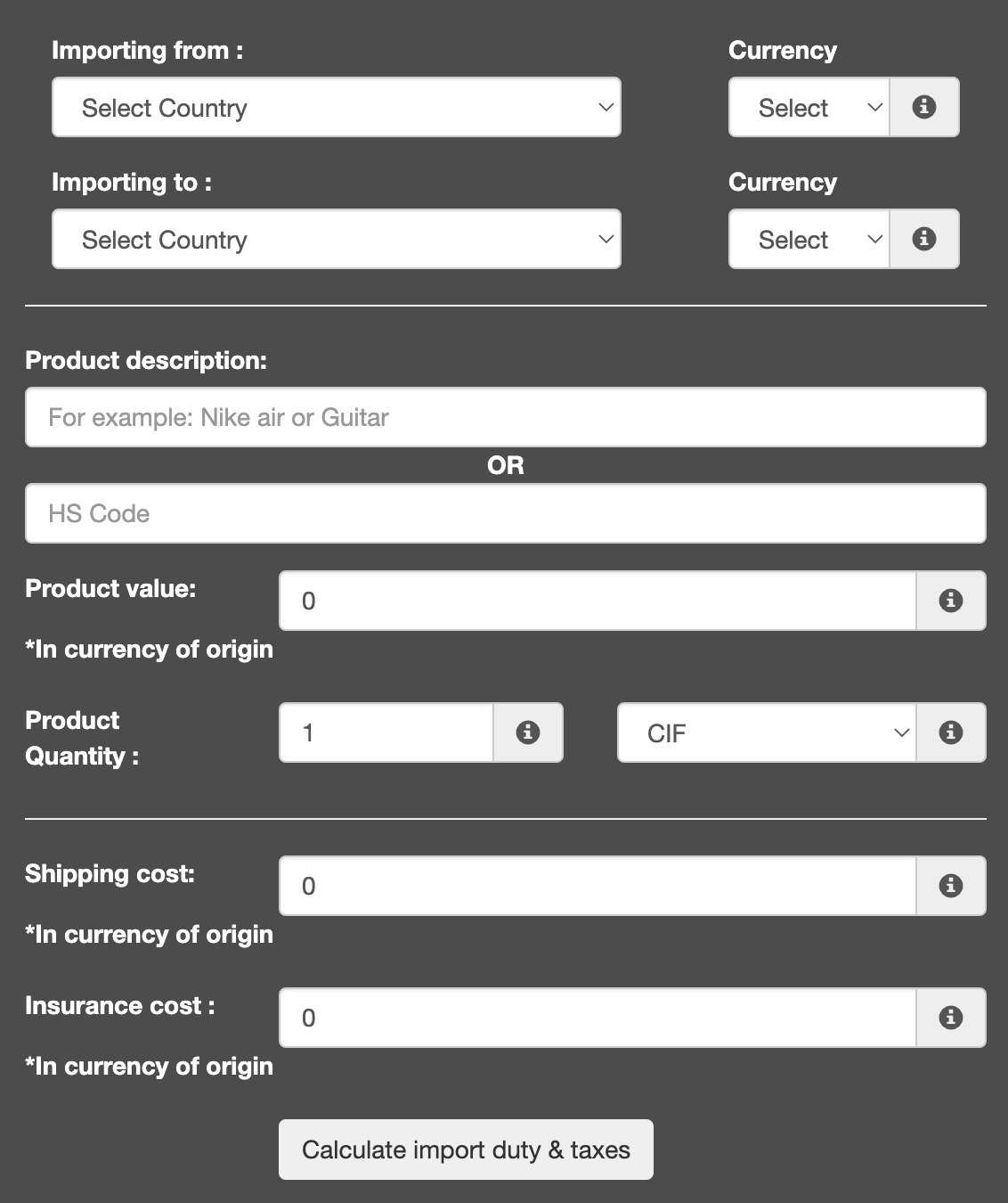 US Customs Duties and Import Taxes on Goods from China 7 A screenshot of an online customs duty calculator tool showing fields like HS Code, product value, and tariff rate.