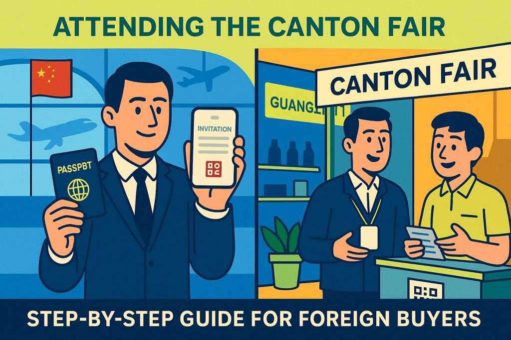 How to attend the Canton Fair as a foreigner 3 Two-part illustration showing a foreign buyer receiving an invitation and registering for the Canton Fair, with passport, visa, and badge in view