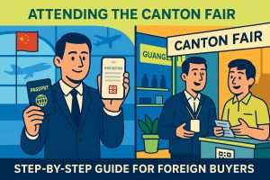 BLOG 7 Two-part illustration showing a foreign buyer receiving an invitation and registering for the Canton Fair, with passport, visa, and badge in view