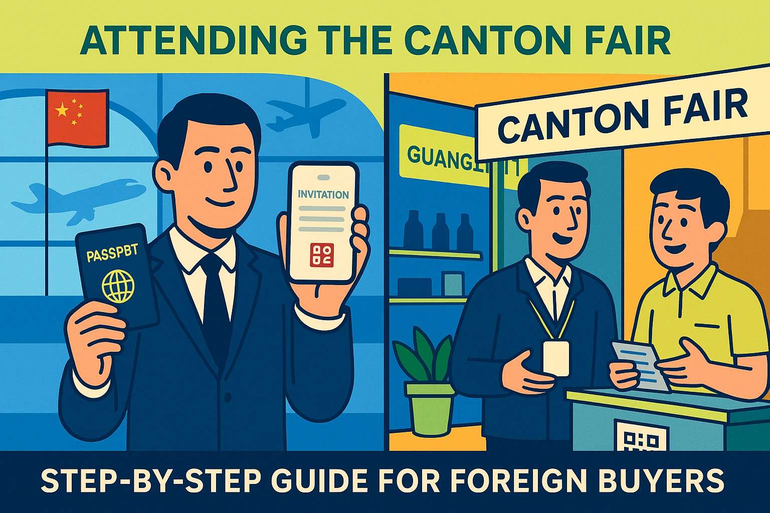 Two-part illustration showing a foreign buyer receiving an invitation and registering for the Canton Fair, with passport, visa, and badge in view