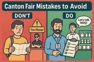 BLOG 3 Split-screen illustration showing a confident Amazon seller on one side and a confused buyer facing red flags at the Canton Fair