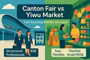 BLOG 11 Split-screen illustration comparing the Canton Fair and Yiwu Market sourcing styles