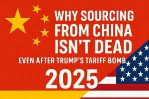 BLOG 7 Bold thumbnail image showing “China Sourcing 2025” with visual emphasis on Trump’s tariffs and HAI International Holding strategies