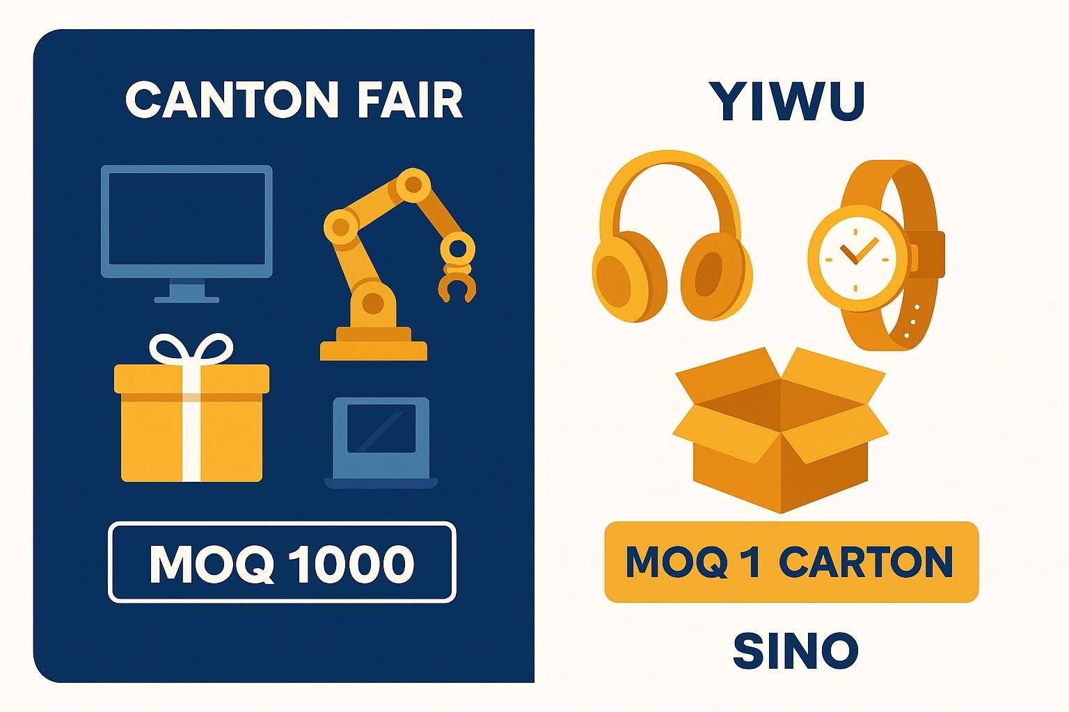Canton Fair vs Yiwu Market: What’s the Right Choice for You? 5 Infographic comparing high-MOQ industrial products at Canton Fair with low-MOQ consumer goods at Yiwu Market, using HAI International Holding brand colors