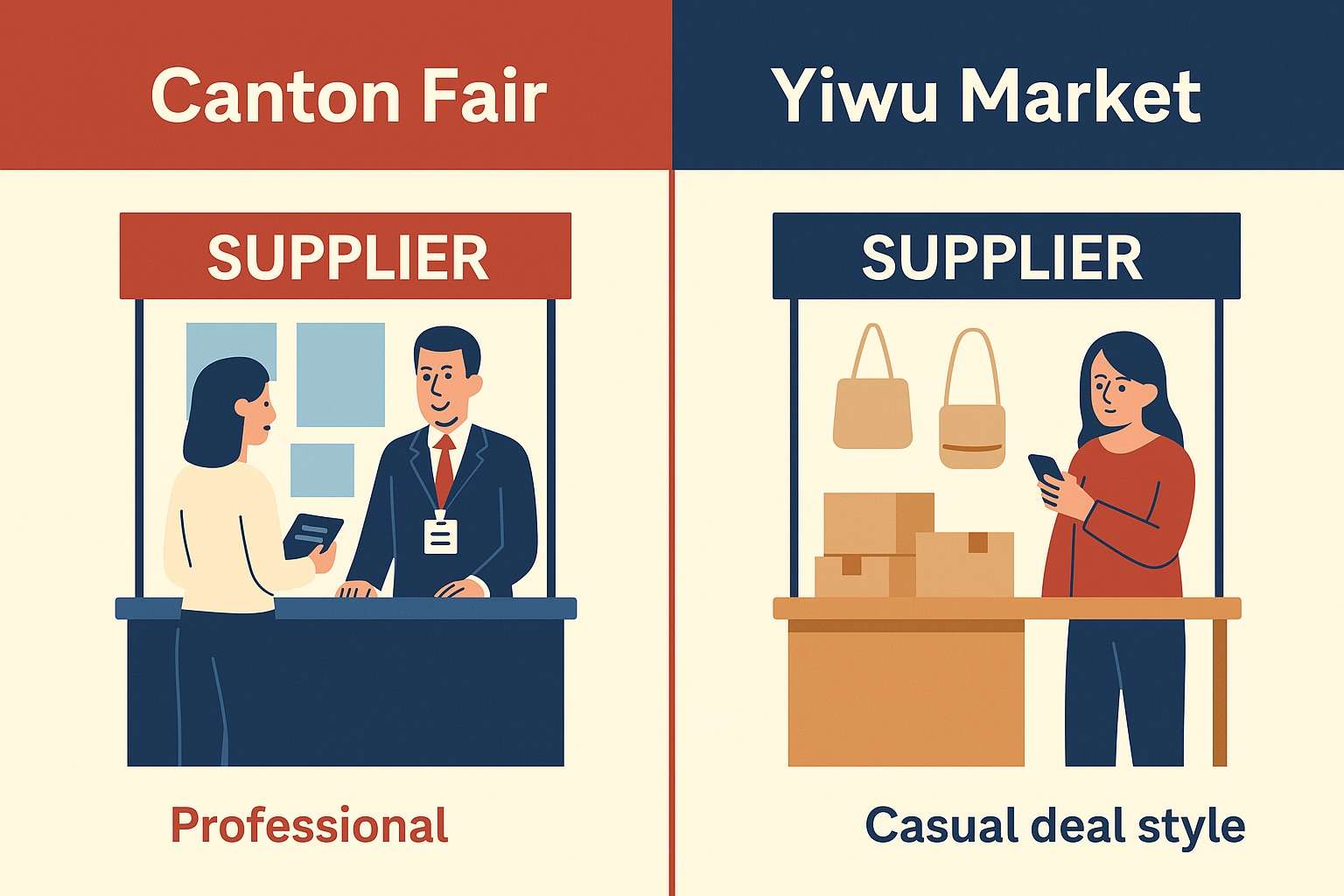 Canton Fair vs Yiwu Market: What’s the Right Choice for You? 7 Supplier booths at Canton Fair and Yiwu Market showing formal vs casual deal styles