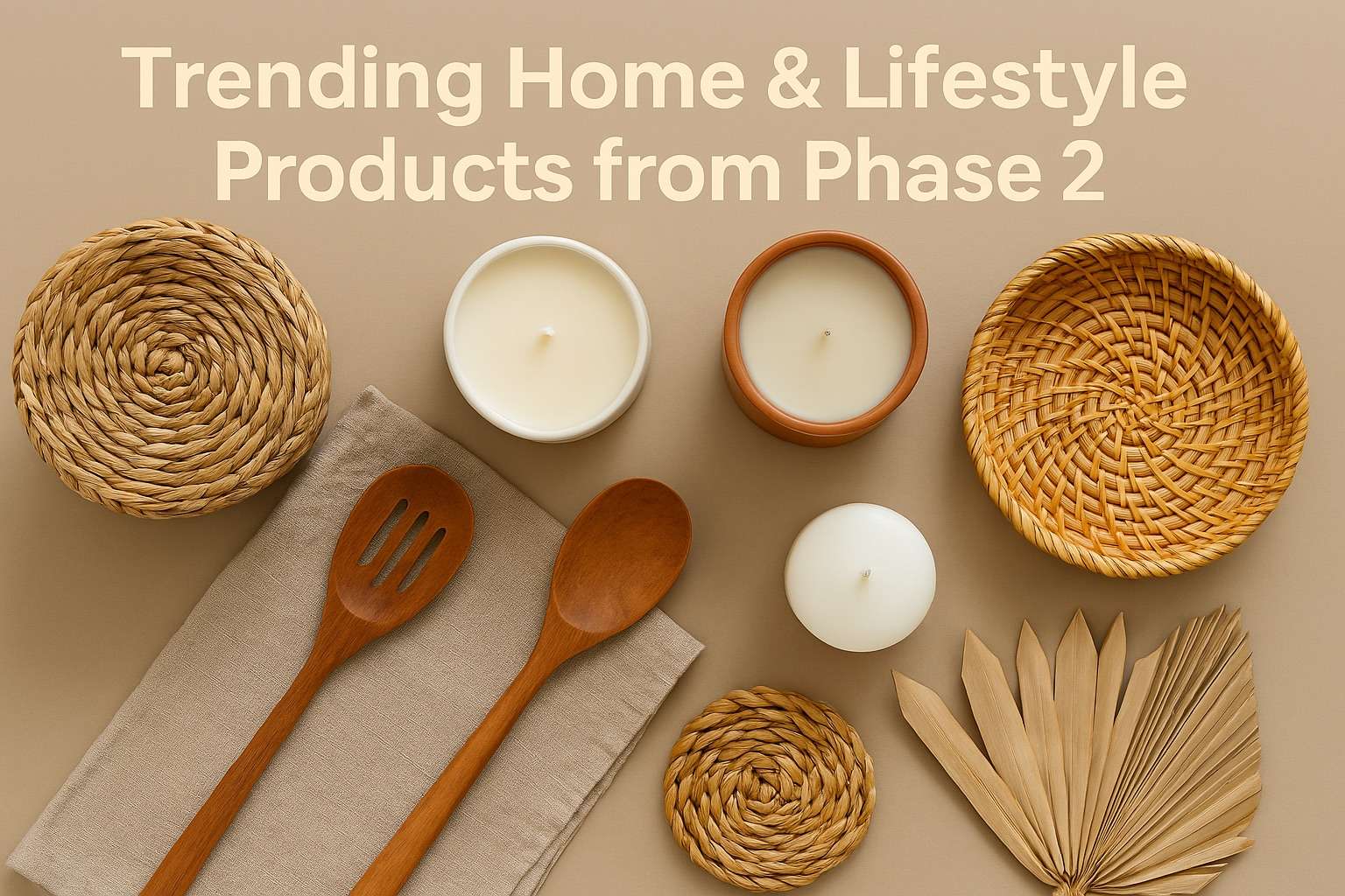 Assorted homeware and decorative products sourced from Canton Fair Phase 2, including candles, kitchen tools, and woven baskets displayed in a flat lay.