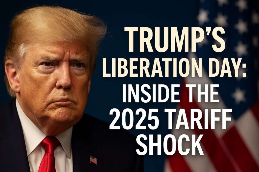 Trump’s 2025 Trade War Begins: The Liberation Day Breakdown 3 Thumbnail image featuring Donald Trump with bold text "Liberation Day: Trump's 2025 Tariff Shock" against a backdrop of stock market graphs and global trade visuals