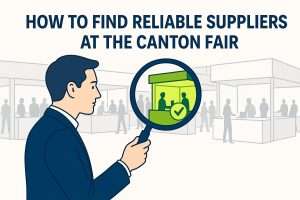 BLOG 5 Illustration of a business professional spotting a reliable supplier at the Canton Fair using a magnifying glass in a busy trade show environment