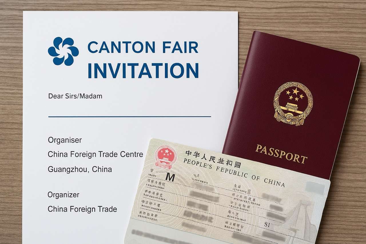 Official Canton Fair invitation placed next to a Chinese M visa and an international passport on a desk 