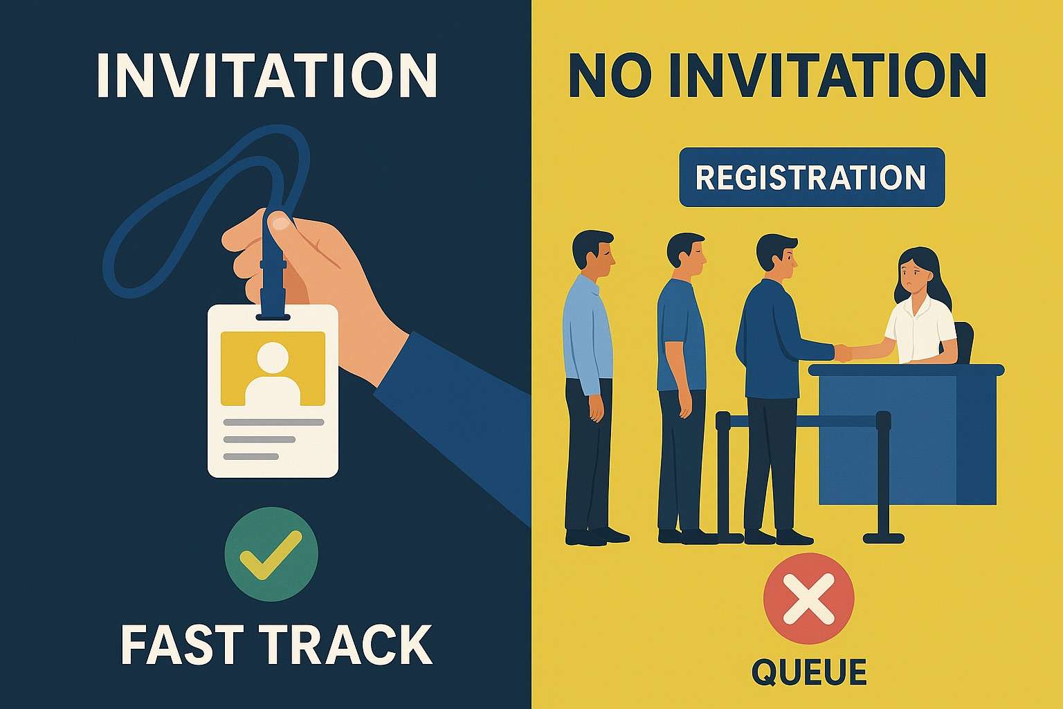 Infographic showing fast-track access with invitation versus long queue without at the Canton Fair