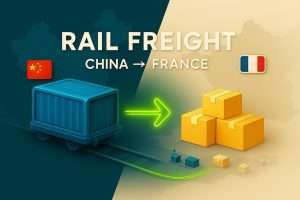 BLOG 5 Editorial 2.5D illustration of a modern freight train connecting China to France, with flags, rail tracks, containers, and parcels, in HAI International Holding blue and neon yellow style.